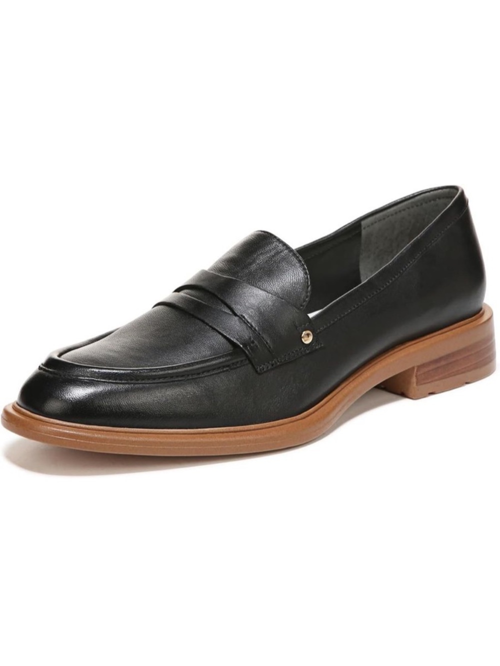 Franco Sarto Women’s Edith Black Leather Penny Loafers with Brown Sole